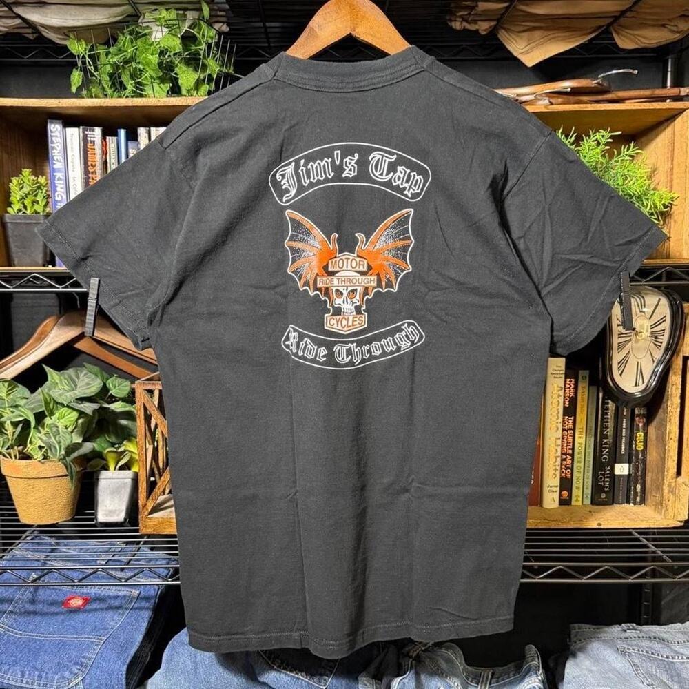 Vintage Skull and Dragon Wings Biker Tee Black Bike Rally Pocket Shirt Men Large